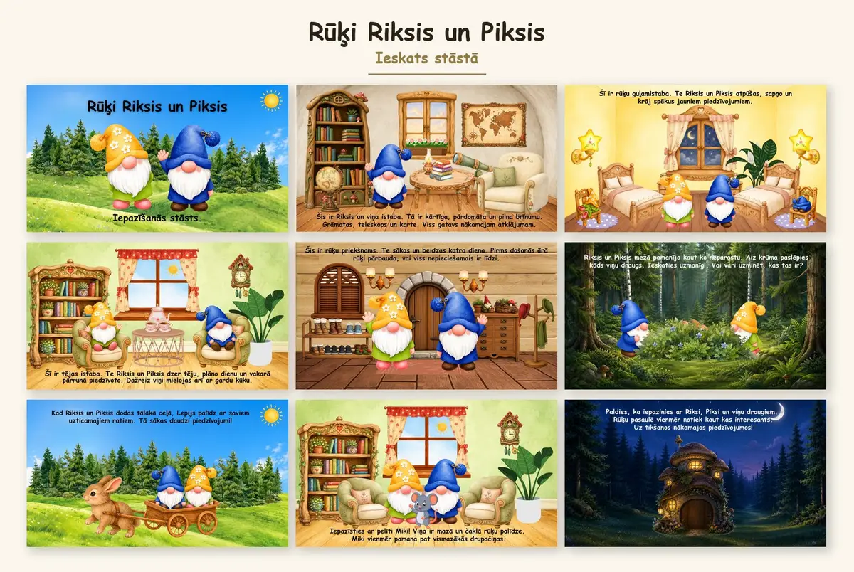 Ieskats iepazīšanās stāstā ar rūķiem Riksi un Piksi