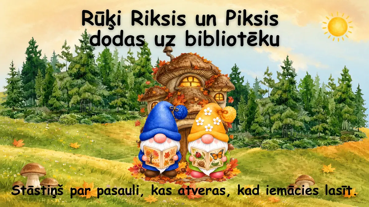 Rūķi Riksis un Piksis dodas uz bibliotēku: prezentācijas pirmais slaids