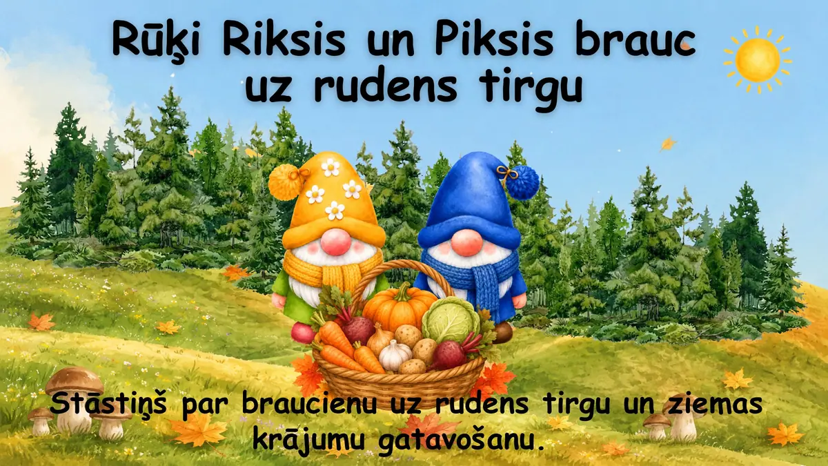 Rūķi Riksis un Piksis brauc uz rudens tirgu: prezentācijas pirmais slaids