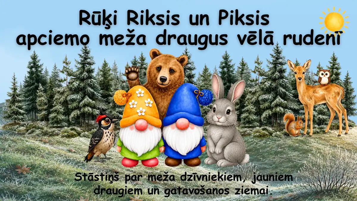 Rūķi Riksis un Piksis apciemo meža draugus vēlā rudenī: prezentācijas pirmais slaids
