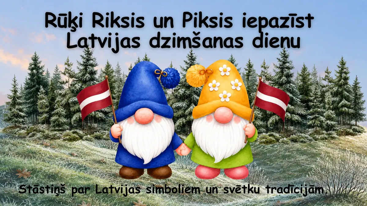 Rūķi Riksis un Piksis iepazīst Latvijas dzimšanas dienu: prezentācijas pirmais slaids