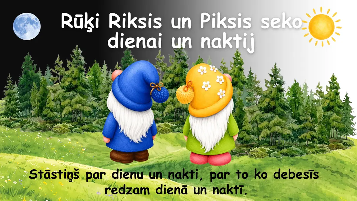 Rūķi Riksis un Piksis seko dienai un naktij: prezentācijas pirmais slaids