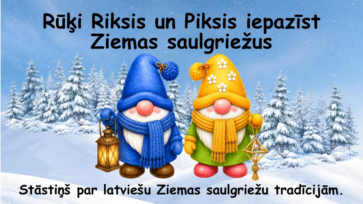 Rūķi Riksis un Piksis iepazīst Ziemas saulgriežus: prezentācijas pirmais slaids