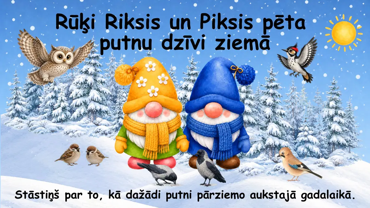 Rūķi Riksis un Piksis pēta putnu dzīvi ziemā: prezentācijas pirmais slaids