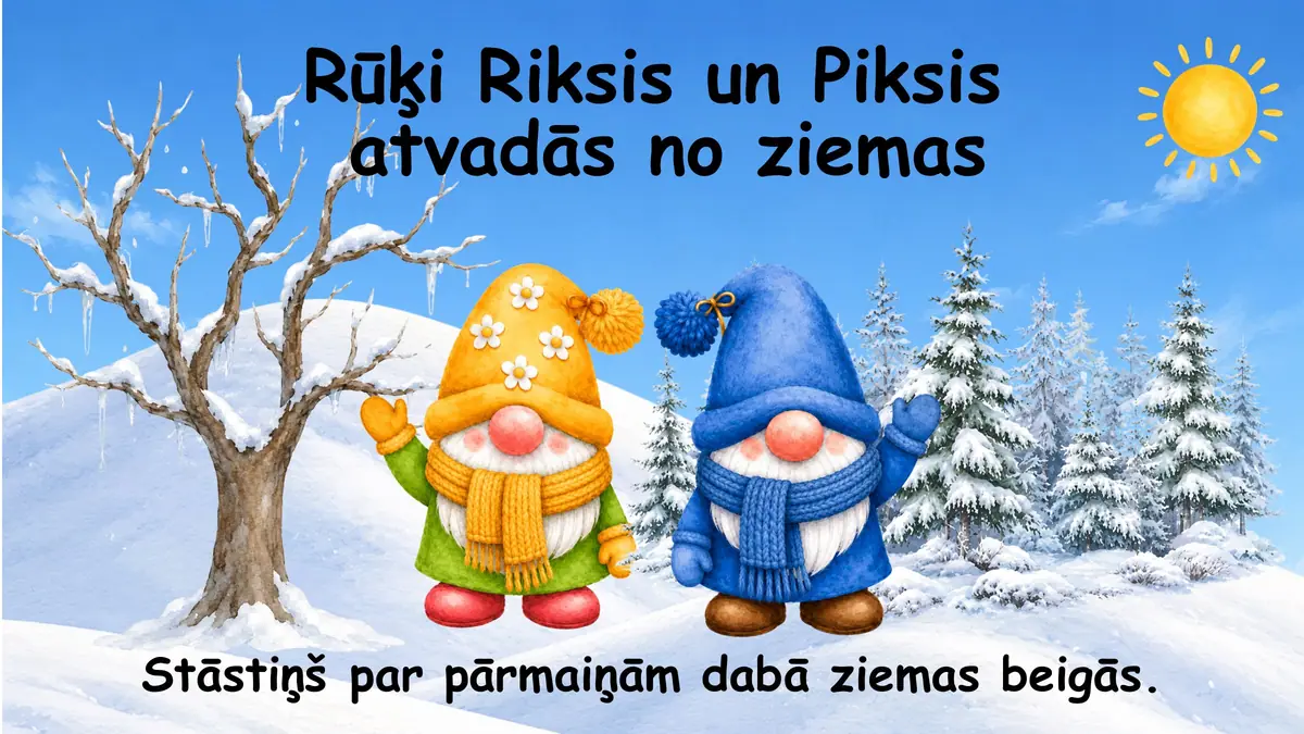 Rūķi Riksis un Piksis atvadās no ziemas: prezentācijas pirmais slaids