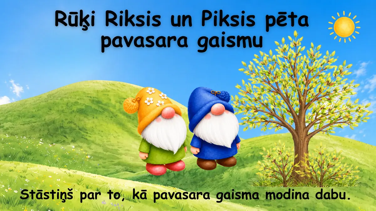 Rūķi Riksis un Piksis pēta pavasara gaismu: prezentācijas pirmais slaids