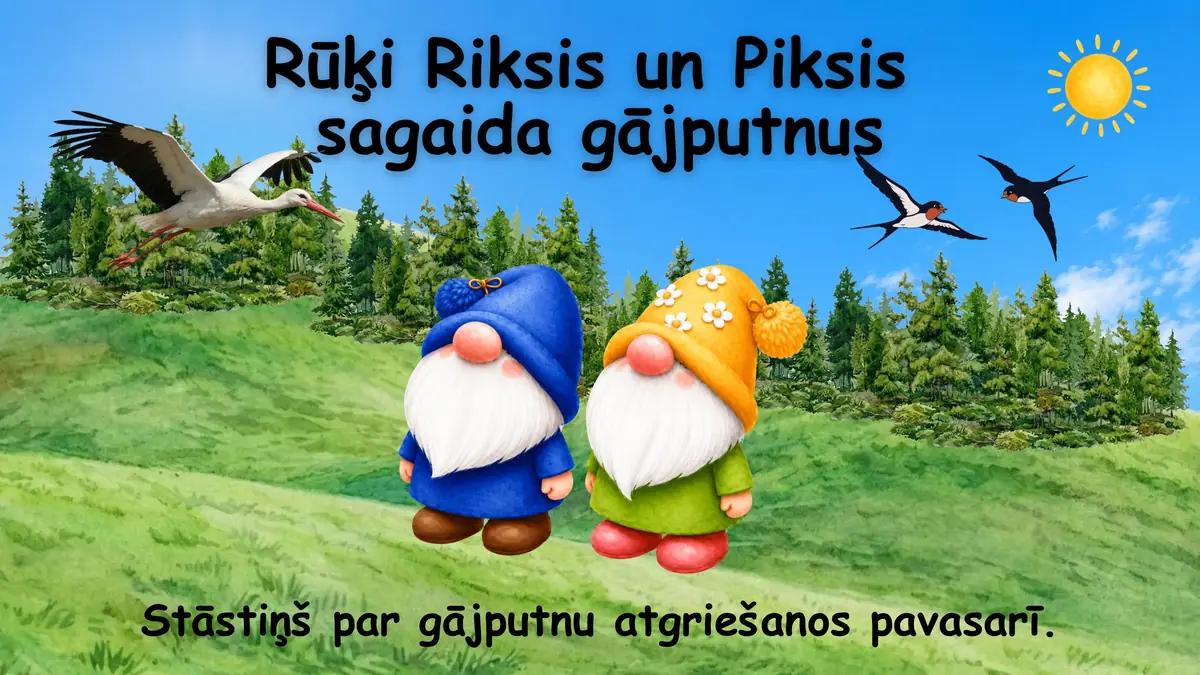 Rūķi Riksis un Piksis sagaida gājputnus: prezentācijas pirmais slaids